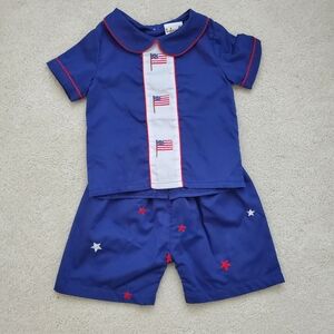 Babeeni Boys Embroidered American Flag Patriotic Shirt and Shorts Outfit sz2